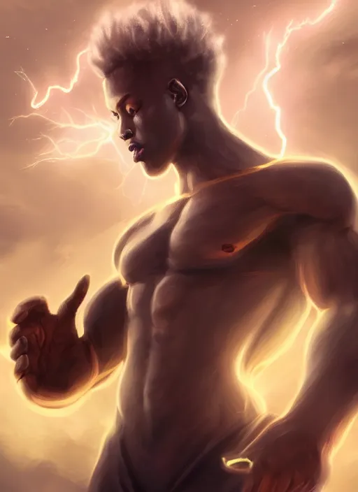 Prompt: a highly detailed illustration of short fade hair african god of lightning, evil summoning lightning from hands pose, moonlit clouds background, muscular, intricate, elegant, highly detailed, centered, digital painting, artstation, concept art, smooth, sharp focus, league of legends concept art, WLOP