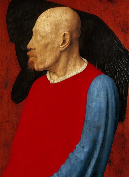 Image similar to profile of a fallen angel dressed in red with wings by Jan van Eyck, Hieronymus Bosch, Johannes Vermeer 4k post-processing, highly detailed medieval painting