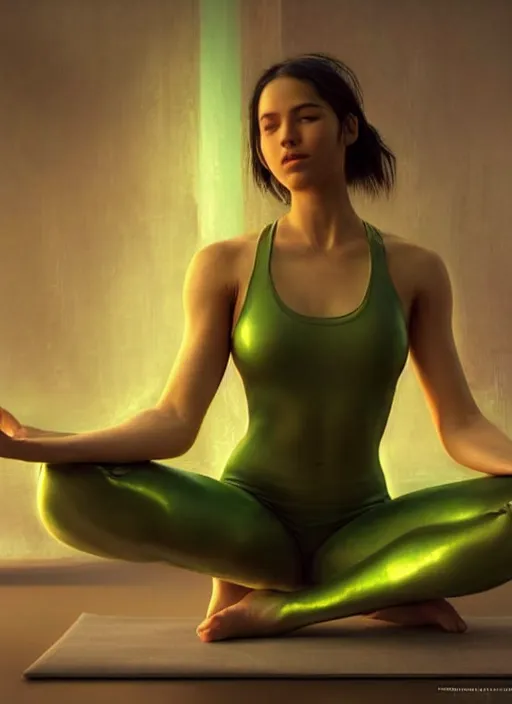 Prompt: young woman sitting in yoga pose : : green - gold nature cyberpunk : : weta disney pixar movie still photo : : decadent highly - detailed digital painting, heroic pose, full length shot, golden ratio, octane render, artstation, smooth, sharp focus, artgerm, mucha, loish, wlop, gogo