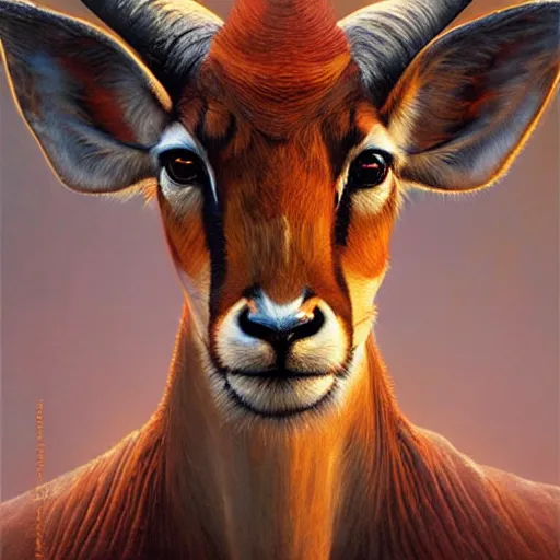 Image similar to a dramatic head portrait of a antelope in tiger skin, cinematic lighting, symmetric face by karol bak, christopher balaskas