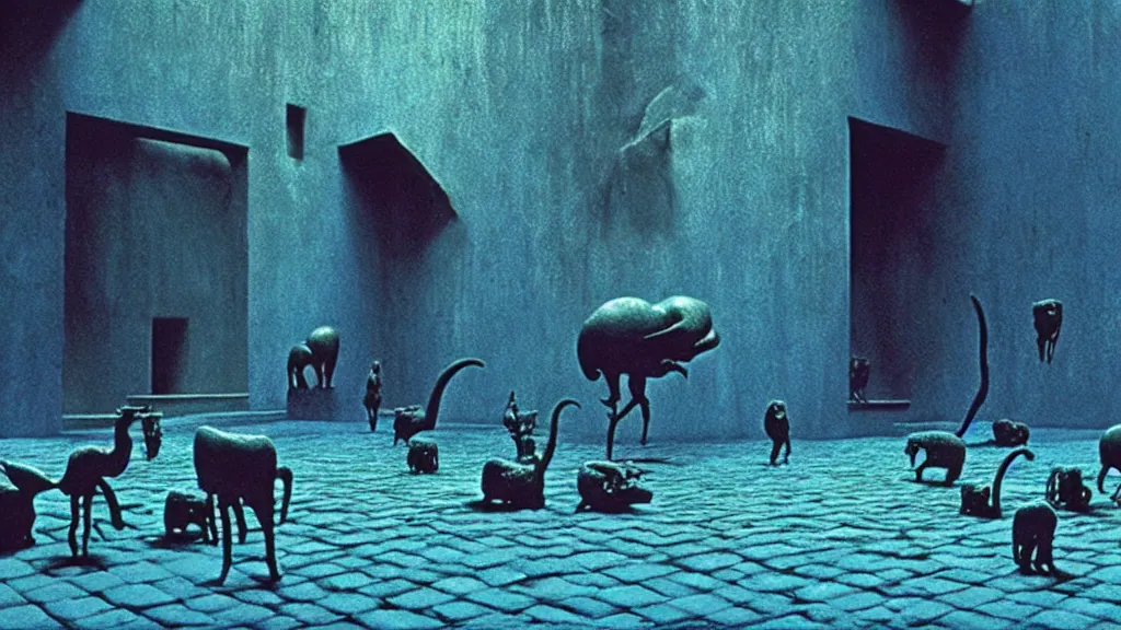 Image similar to the square creature in courtyard, made of blue liquid, surrounded by animals, film still from the movie directed by denis villeneuve and david cronenberg with art direction by salvador dali and zdzisław beksinski, wide lens