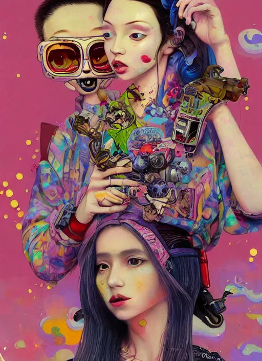 Prompt: beautiful portrait painting of a cute psychedelic lofi cyberpunk princess and her corgi assassin king chilling, by Afarin Sajedi, Alessandro Barbucci, Alex Gross, Shin Jeongho, Shohei Otomo. trending on Artstation, 8k, masterpiece, face enhance, graffiti paint, fine detail, full of color, intricate detail, golden ratio illustration