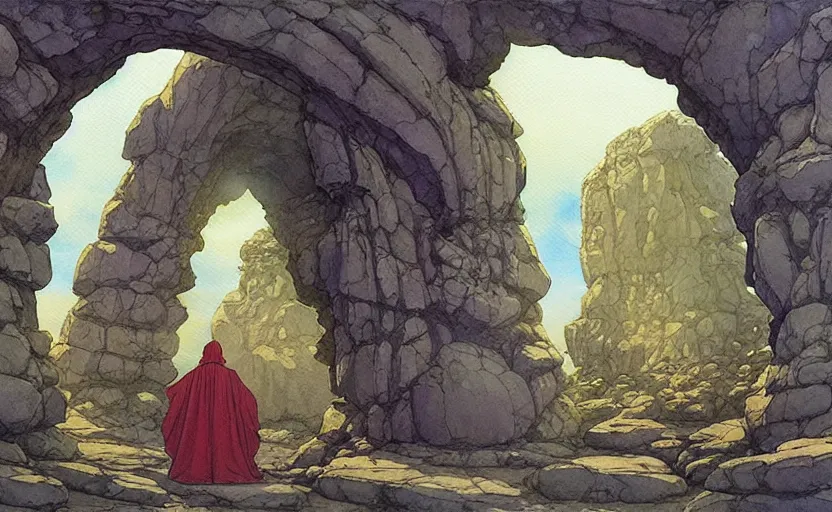 Image similar to a hyperrealist watercolour concept art of a dimensional time portal in the shape of a large rock arch. a medieval monk in grey robes is in the foreground. by rebecca guay, michael kaluta, charles vess and jean moebius giraud. high detail, hq, wide shot