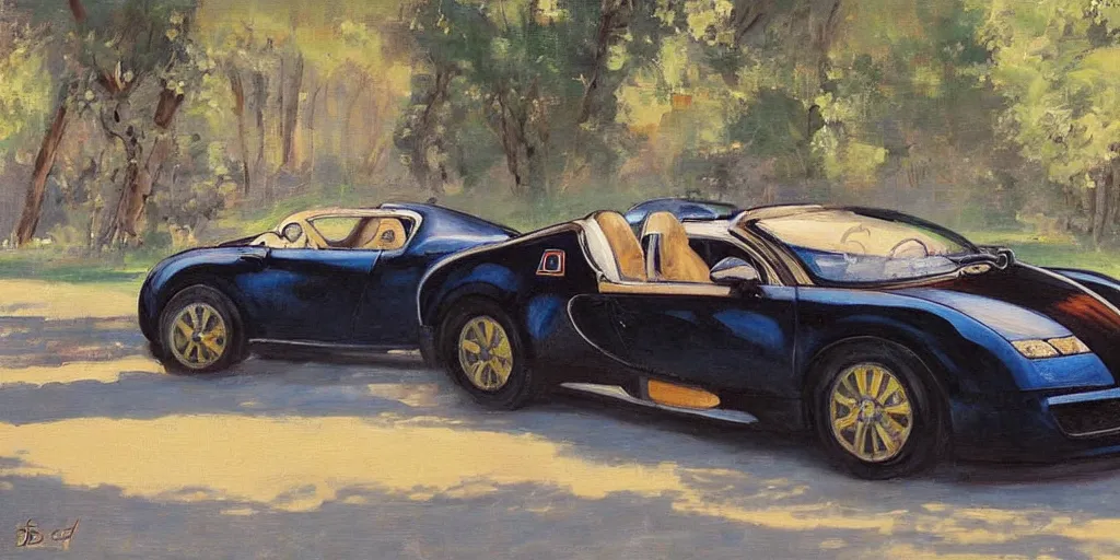 Image similar to a painting of andrew tate and his bugatti by bob ross