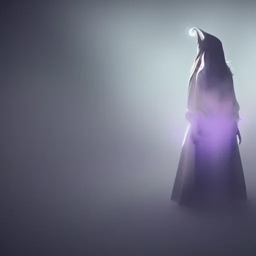 Image similar to luminescent purple wizard, female, dark background, volumetric fog, 4K