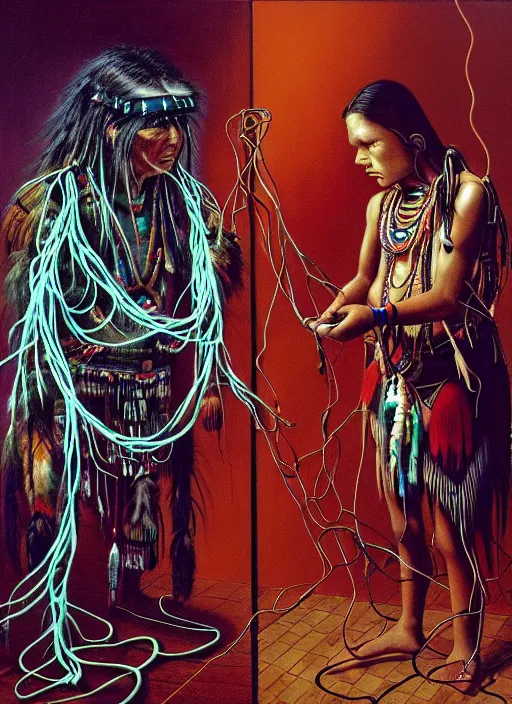 Prompt: realistic detailed image of a dancing native american shaman figure and a boy's brain connected with wires and cords to an old 90s pc computer in an old soviet server room by Ayami Kojima, Amano, Karol Bak, Greg Hildebrandt, and Mark Brooks, Neo-Gothic, gothic, rich deep colors. Beksinski painting, part by Adrian Ghenie and Gerhard Richter. art by Takato Yamamoto. masterpiece