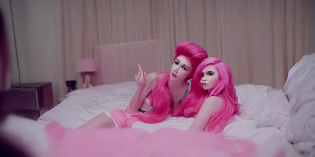 Image similar to donald trump on a bed next to belle delphine e - girl with pink hair, canon 5 0 mm, cinematic lighting, photography, retro, film, kodachrome