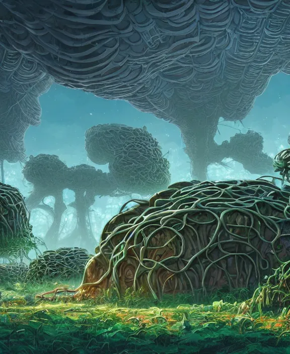 Image similar to a bunker made out of exotic fungus, overgrown with weird fungus and tendrils, spaceship, sci - fi, robots, noon, somber, partly cloudy, by dan mumford, yusuke murata, makoto shinkai, ross tran, cinematic, unreal engine, cel shaded, featured on artstation, pixiv