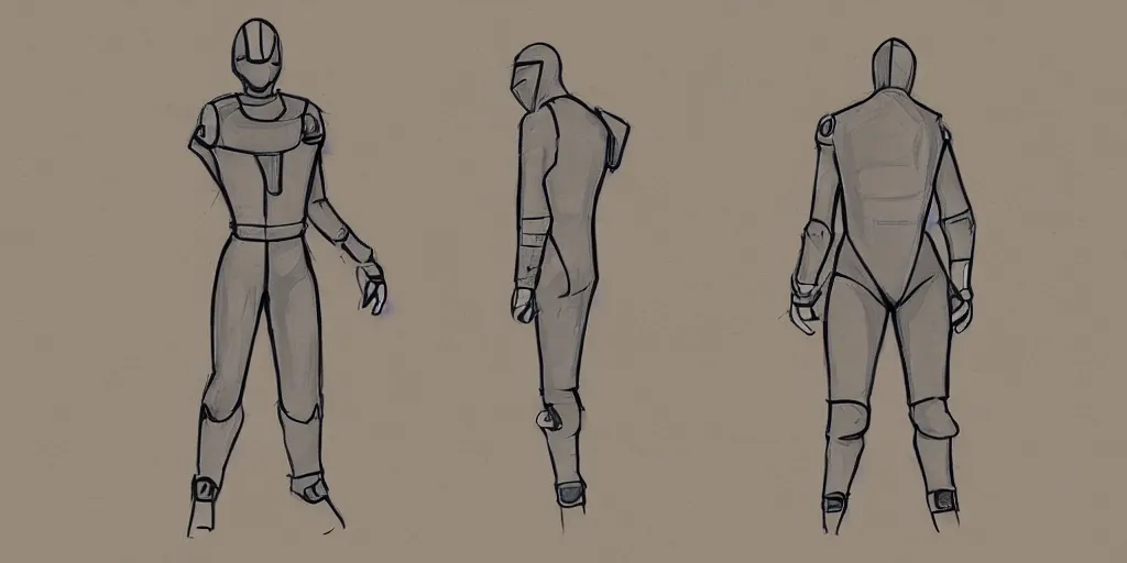 Image similar to male, elongated figure, space suit, concept art sketch, large shoulders, short torso, long thin legs, tiny feet, character sheet, very stylized, concept design