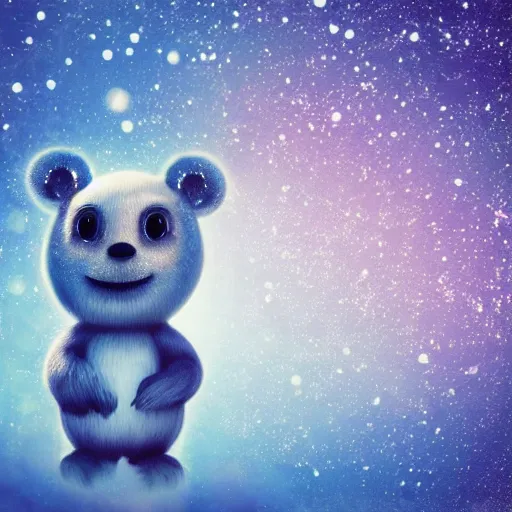 Prompt: a downy polabear with crystal eyes wandering in a winter wonderland ; acid blue sky background