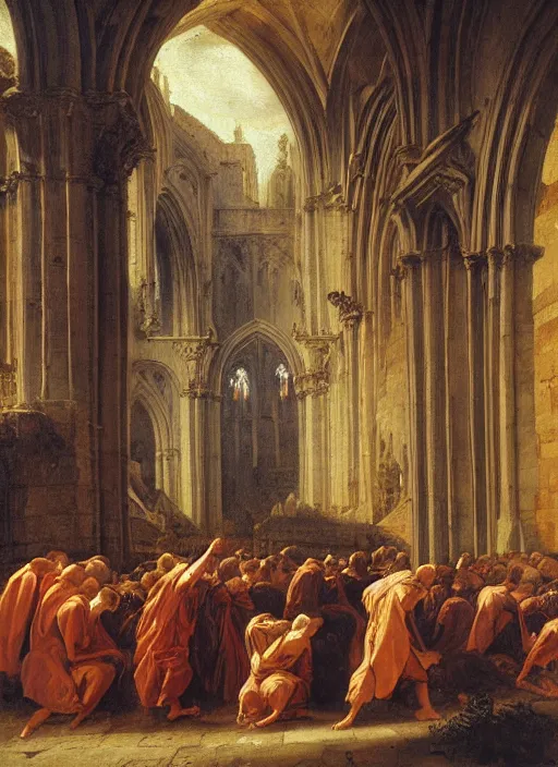 Image similar to lisabeth louise vigee - le brun large crowd of medieval monks gathered at giant gothic ruins cathedral and raising a magical glowing spirit, old master painting with stunning lighting and details photoreal dusk sun lit light