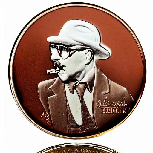 Image similar to A photograph of a high quality swiss chocolate coin that is engraved with a portrait of a young leon redbone smoking a cigar, highly detailed, close-up product photo, depth of field, sharp focus, appetizing, foil nearby