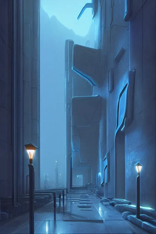 Image similar to emissary futuristic cityscape with blue street lamps, windows lit, stone marble sculptures in a courtyard, by tim blandin and arthur haas and bruce pennington and john schoenherr, cinematic matte painting, zaha hadid building, photo realism, dark moody color palate, blue hour stars, desolate glacial landscape,