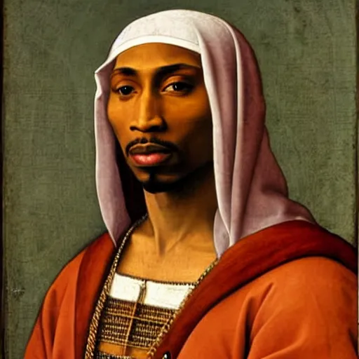 Prompt: A Renaissance portrait painting of Tupac Shakur by Giovanni Bellini and Leonardo da Vinci. 8k detailed painting Tupac