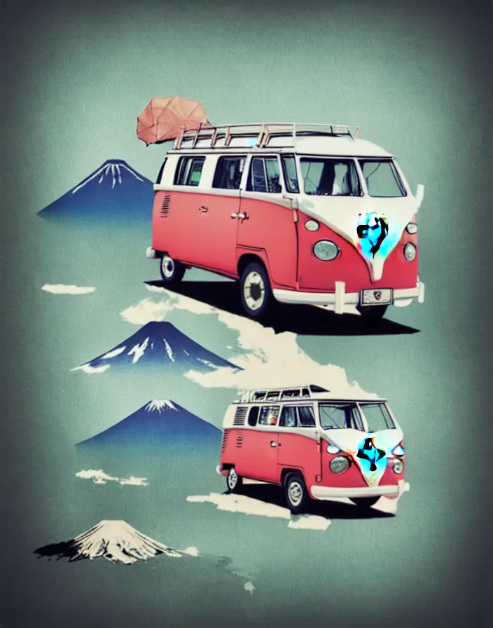 Image similar to front view vw camper touring rural japan, a collage painting, in the style of wes anderson, lola dupre, david hockney, isolated on negative white space background dark monochrome fluorescent spraypaint accents volumetric octane render, no double subject