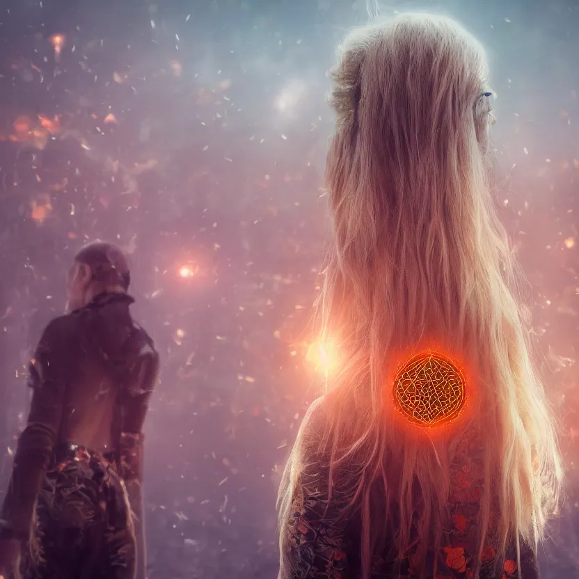 Prompt: closeup portrait of a beautiful guard with blonde hair seen from the back in front of a dystopian (orange fog) merkabah flower of life cyberpunk ultra realistic 4K