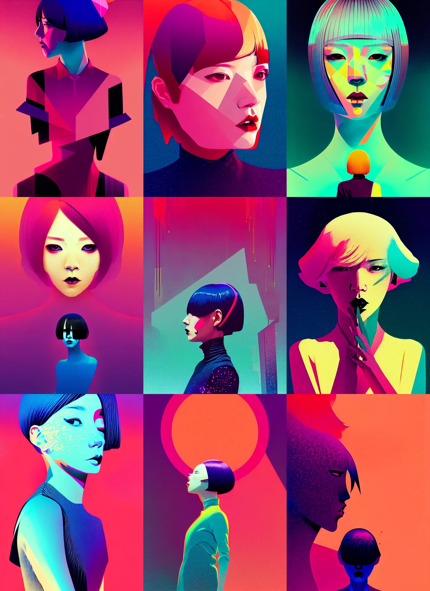 Prompt: ( ( dither ) ), editorial illustration portrait of girls like reol, dynamic pose, modern art deco, colorful, ( ( mads berg ) ), christopher balaskas, victo ngai, rich grainy texture, detailed, dynamic composition, wide angle, moebius, matte print, volumetric ( ( glitch art ) )