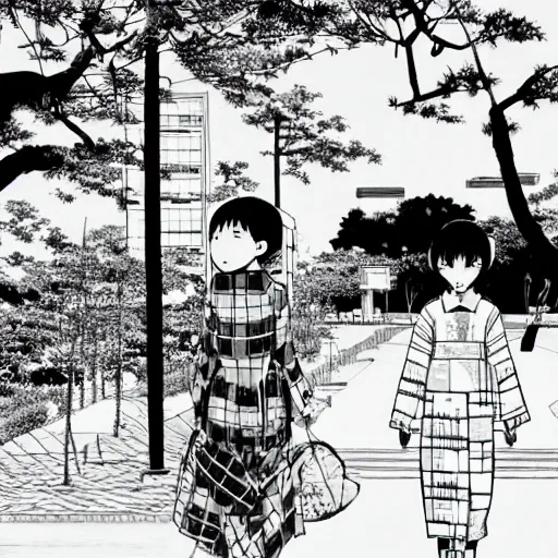Image similar to a manga vignette with a japanese urban geometrical landscape, black and white, in style of inio asano