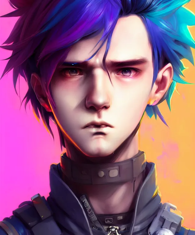 Prompt: character concept art of a cute cyberpunk boy with colorful hair and piercings | | cute - fine - face, pretty face, key visual, realistic shaded perfect face, fine details by stanley artgerm lau, wlop, rossdraws, james jean, andrei riabovitchev, marc simonetti, and sakimichan, trending on artstation