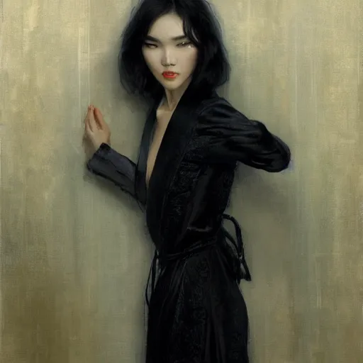 Image similar to detailed cinematic wide shot of beautiful attractive tao okamoto asian vampire woman wearing black bath robe slim face symettrical face clean skin black eyes black robe smooth, sharp focus, ultra realistic, spring light, painting by gaston bussiere, craig mullins, j. c. leyendecker