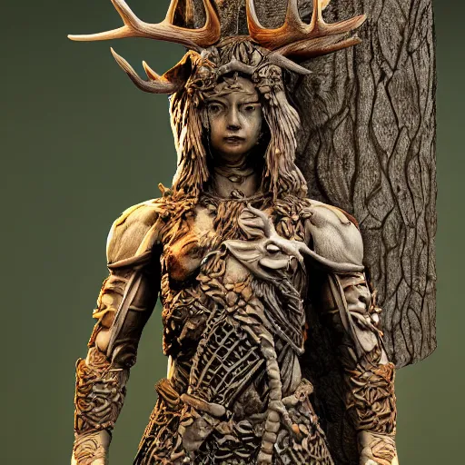 Image similar to warrior with surface of tree - bark, wearing stone wood vines antlers armor, holding laser rifle, lotus position, meditating, highly detailed, dramatic lighting, cinematic, sci - fi, hyperrealistic, detailed