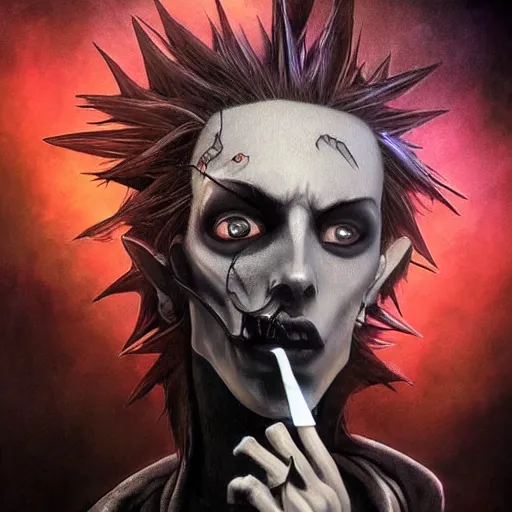 Image similar to Gothic Jimmy Neutron smoking a cigarette, dark background. digital art. amazing quality. perfect lighting. Professional design. Great composition. by Ayami Kojima and Tomoyuki Yamasaki and Tsutomu Nihei, octane render, award winning art. impressive colors. trending on artstation. Brian Froud style