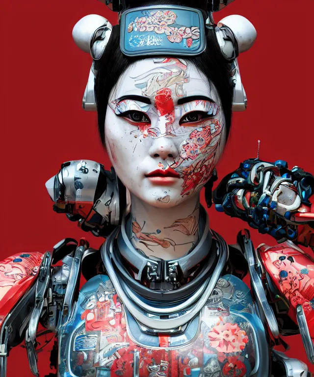 Image similar to an epic fantastic realism comic book style portrait painting of a japanese robotic geisha with kanji tattoos and decals, apex legends, octane render, intricate detail, 4 k hd, unreal engine 5, ex machina, irobot