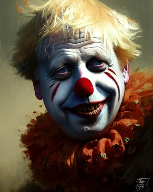 Image similar to boris johnson as clown character portrait, ultra realistic, concept art, intricate details, highly detailed by greg rutkowski, gaston bussiere, craig mullins, simon bisley