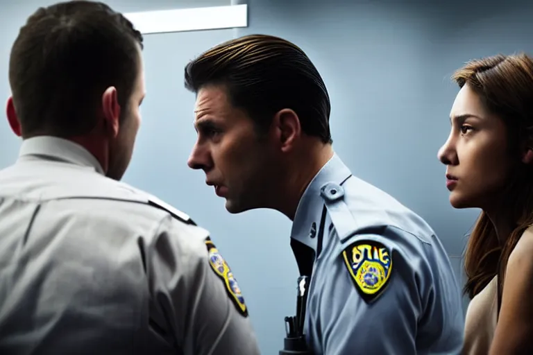 Image similar to vfx film closeup, police detective couple arguing in police precinct, over the shoulder shot, flat color profile low - key lighting award winning photography arri alexa cinematography, hyper real photorealistic cinematic beautiful natural skin, famous face, atmospheric cool colorgrade