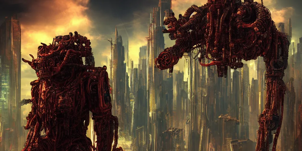 Image similar to a cyberpunk chtulhu creature closeup, fallout 5, studio lighting, deep colors, apocalyptic setting, vertically mirrored city in background