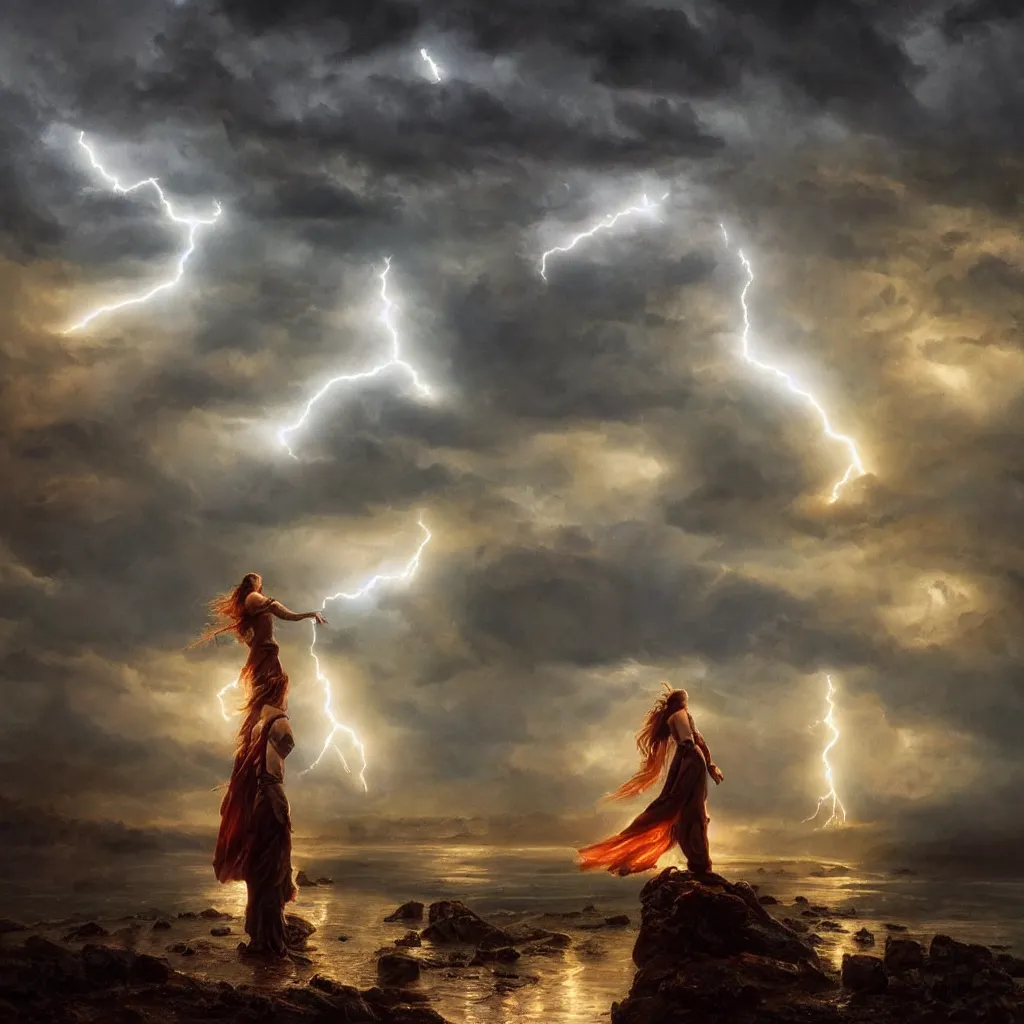 Image similar to huge towering magical lightning storm, extreme drama, distant glowing figures, hdr, movie still, fully photorealistic, sharp luminescent focus, nd 6, art by john collier, albert aublet, krenz cushart, artem demura, alphonse mucha, diffuse lighting, artstation, smooth, textless, sharp focus,