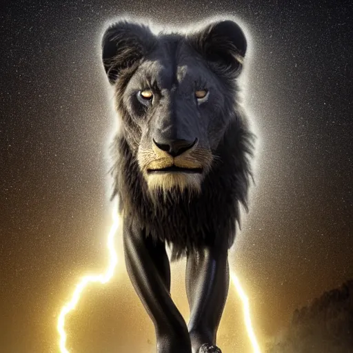 Image similar to epic photography of black lion with gold lightnings in the fur surrounded by ancient trees, colossal scale, photorealistic, high details, intricate by Nick Nichols and Evgeniy Antonenkov