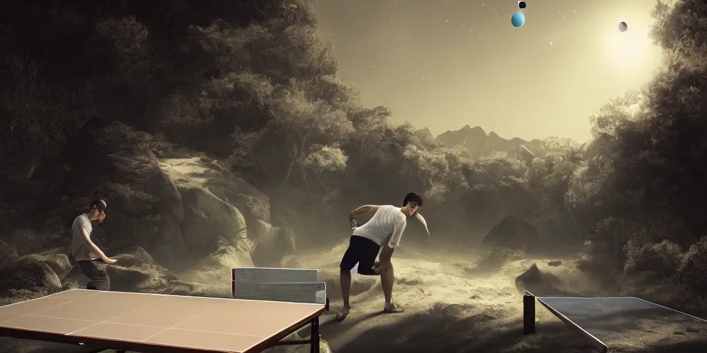 Image similar to ! dream ultra realistic illustration, physiotherapist playing ping - pong, ping - pong table, an outdoor on the moon, lunar landscape, elegant, highly detailed, artstation, concept art, smooth, sharp focus, moody, dramatic lighting
