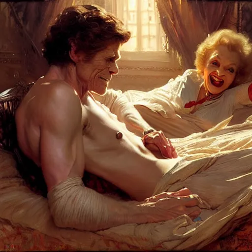 Image similar to willem dafoe is in his bed, nervous and terrified, because betty white from hell is attacking him. highly detailed painting by gaston bussiere, j. c. leyendecker, greg rutkowski, craig mullins 8 k