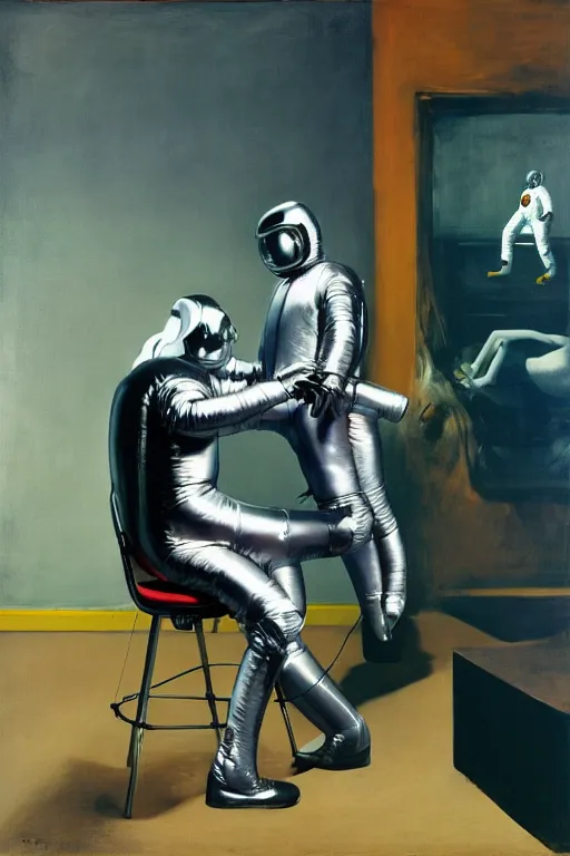 Image similar to fetish game, a man in a latex horse suit sits astride a man in an astronaut suit, hauntingly surreal, highly detailed painting by francis bacon, edward hopper, adrian ghenie, gerhard richter, and james jean soft light 4 k,
