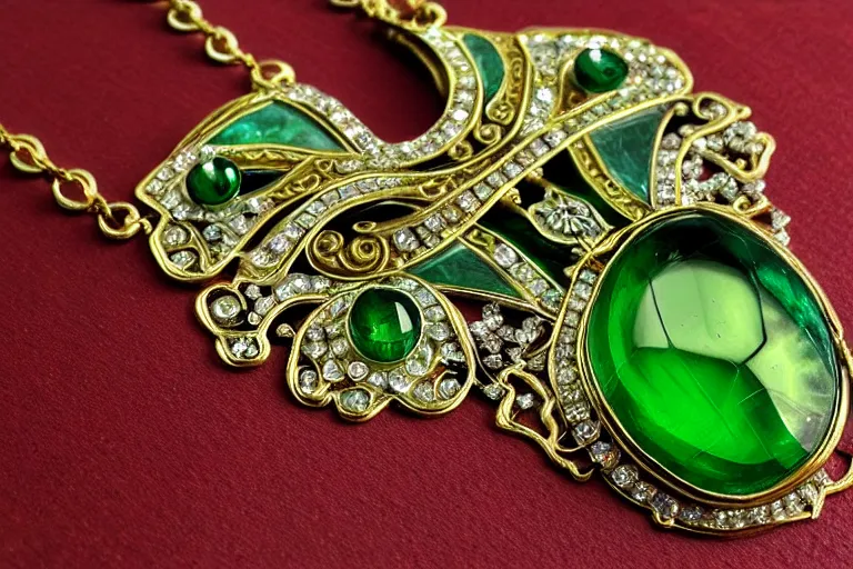 Image similar to highly detailed oil painting, very realistic gemstones, top view, symetrical, art nouveau, ornate, delicate, brilliant green gemstone necklace, dramatic light,