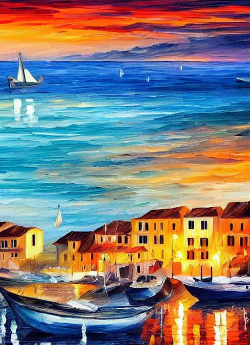 Image similar to beautiful seaside greek village and boats at sunset in the style of leonid afremov