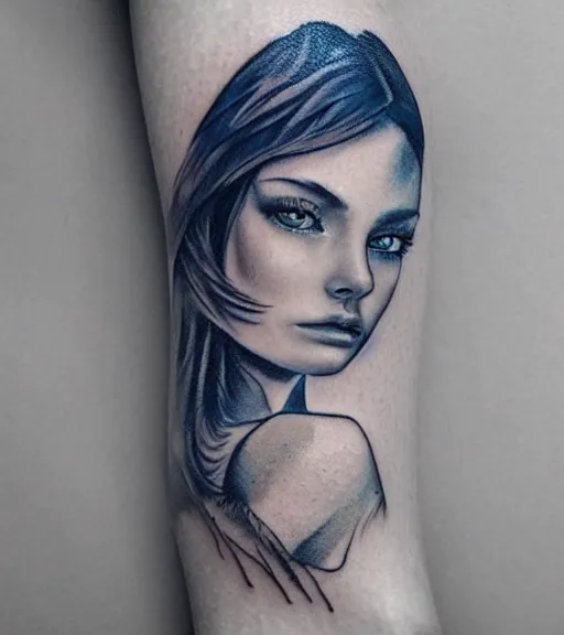 Image similar to tattoo design sketch of a beautiful blue - eyed woman face with a faded background of beautiful mountains and nature on her side, hyper - realistic, in the style of den yakovlev, amazing detail, black and white