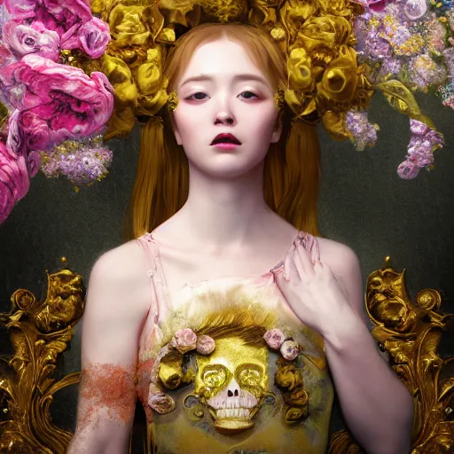 Image similar to 8k, octane render, realism, tonalism, renaissance, rococo, baroque, portrait of a young lady wearing long harajuku manga dress with flowers and skulls, background chaotic gold leaf flowers