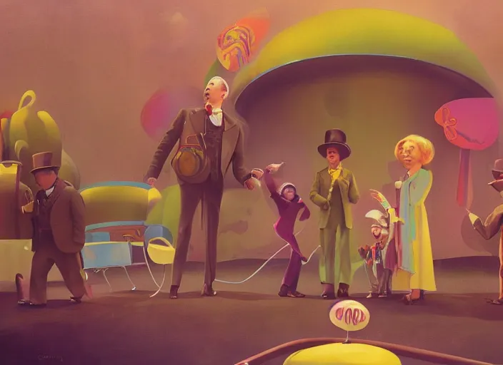 Image similar to film still of Willy Wonka's and the Chocolate Factory 1971 artwork made by Sergey Kolesov