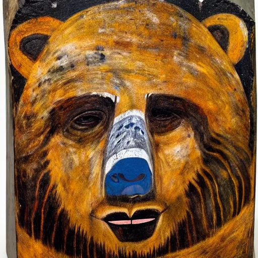 Prompt: portrait of shaman in a bear mask, paleolithic cave paining