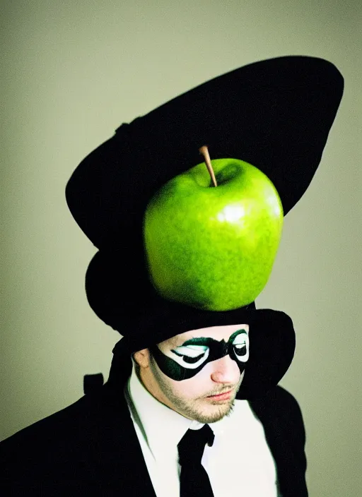 Image similar to a fashion portrait photograph of a man in a black suit wearing a black bowler hat with face painted as a green apple, 3 5 mm, color film camera,