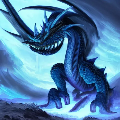 Prompt: A blue, dragon-like creature with long, sharp horns protruding from its head. It has large, leathery wings and a long, snake-like tail. It is breathing fire and has a mean look on its face.