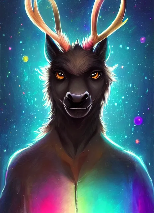 Image similar to award winning beautiful portrait commission of a male furry anthro Black Reindeer fursona with a tail, wings and a cute beautiful attractive detailed furry face wearing stylish black and rainbow galaxy clothes in a outerspace city at night while it rains. Character design by charlie bowater, ross tran, artgerm, and makoto shinkai, detailed, inked, western comic book art