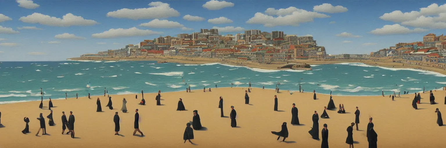 Prompt: Bondi Beach oil painting magritte