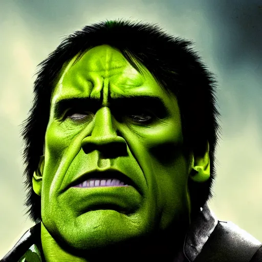 Image similar to nicholas cage as the hulk, gritty portrait, film still