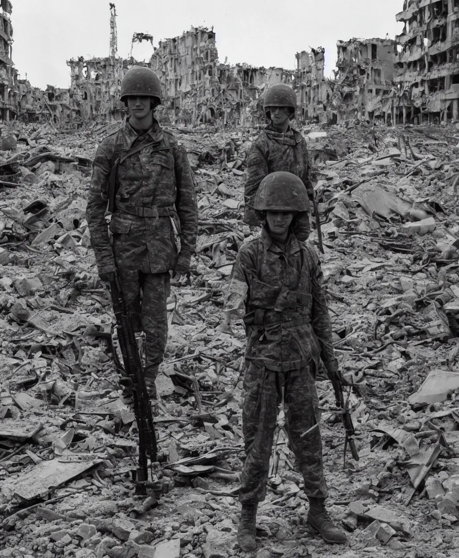 Prompt: Photograph of a soldier in the battle of Kiev standing in font of bombed out buildings. It is twilight and rockets are flying overhead. The year is 2023.