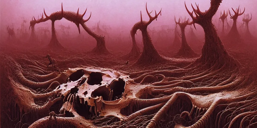 Prompt: tiny colony of red harvester ants crawling through the cavities of a large moose skull, moose graveyard, Zdzislaw Beksinski, Wayne Barlowe, gothic, cosmic horror, worm's-eye view, dystopian, biomorphic, lovecraftian, amazing details, warm hue's