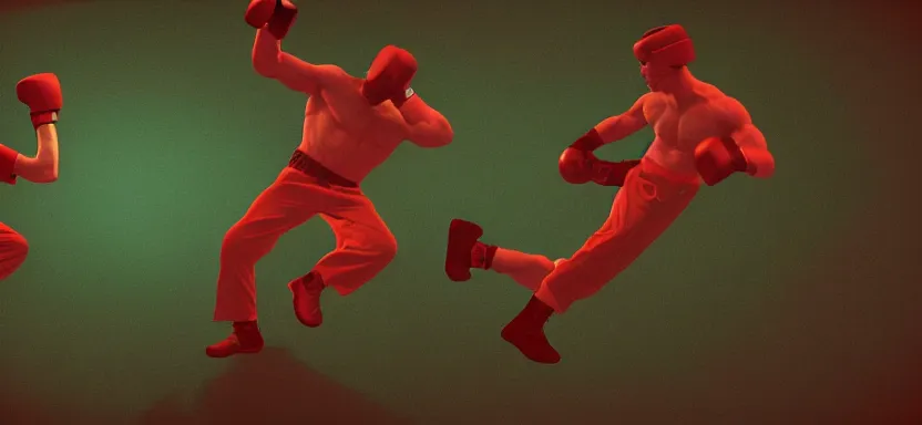 Prompt: handmade illustration of two people boxing, bloody uppercut action shot knockout, line art, octane render with volumetric lighting, 3D illustration by MC Escher, industrial waste processing, bladerunner, green and red radioactive swamp