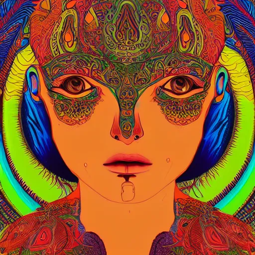 Image similar to a psychedelic illustration of my lehrman doing yoga, medium long brown orange hair, green eyes, round face, thin eyebrows, vivid colors, dramatic, intricate, detailed, art by my lehrman